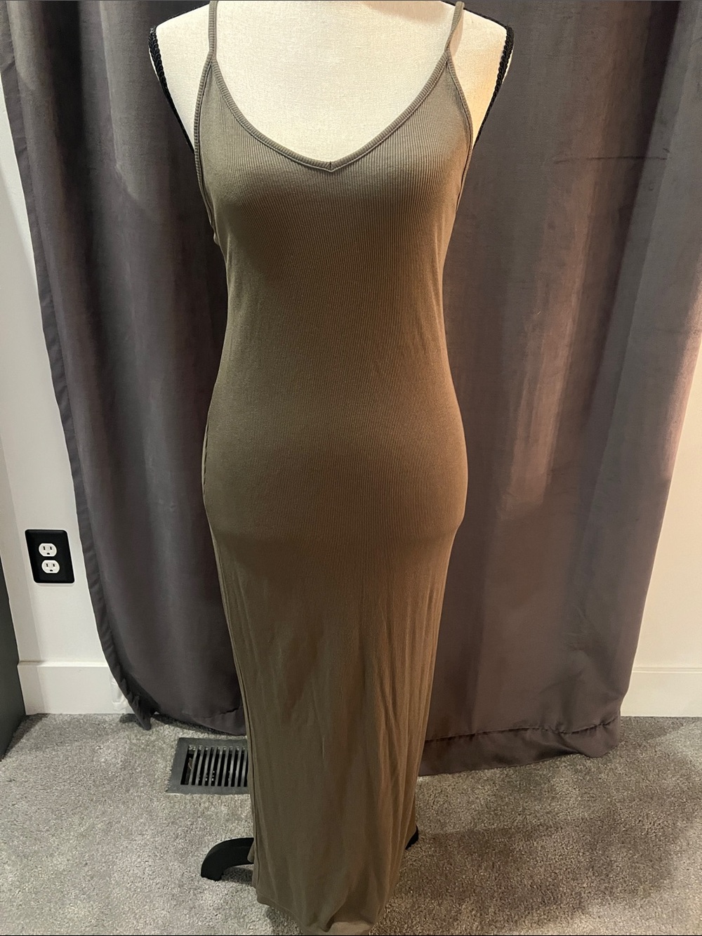 H&M Olive Ribbed Spaghetti-Strap Maxi Dress